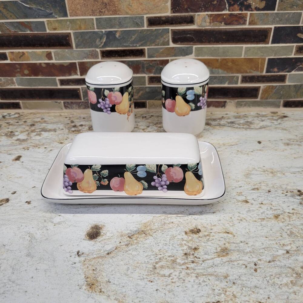 Vintage Sango Fanciful Fruit Covered Butter Dish Salt & Pepper Shaker Set 3pc